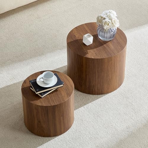 Round Coffee Table Set of 2, Nesting Coffee Table and End Table Set Wood Small Circle Drum Side Table for Living Room Office, No Assembly,Walnut - color: Walnut