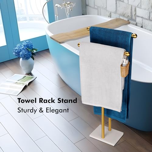 WAYDELI Standing Towel Rack Double-T Shape Tall Bath Towel Sheet Holder with Marble Design Base for Bathroom 2 Tier Towel Holder Stand Stainless Steel (Brushed Gold) - color: Brushed Gold