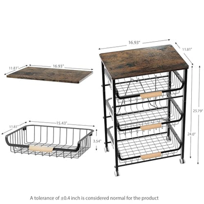 JAQ Fruit Vegetables Carts, 4-Tier Slide Out Metal Storage Baskets Stand Organizers with Wood Top and Handle on Rolling Wheels for Onions in Kitchen Pantry Fruteros para Cocina -(Black, 4 Layer) - color: 4-tier/Black