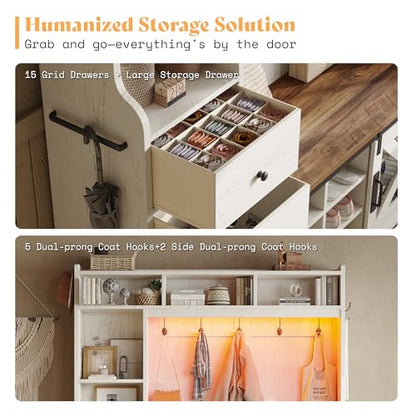 AMERLIFE 75" 7-in-1 Farmhouse Hall Tree with Bench and shoe storage, LED Entryway Bench with Coat Rack, 12 Shoe Cubbies, 2 Drawers, Barn Doors & Adjustable Shelf, Mudroom Hallway Cabinet, Rustic White - color: Rustic White