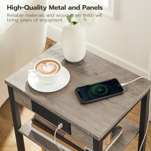 HOOBRO Side Tables Set of 2 with Charging Station and USB Port, Small End Tables for Small Space, 3-Tier Nightstands with Adjustable Shelf, for Living Room, Bedroom, Greige and Black BG112BZP201 - color: Greige + Black