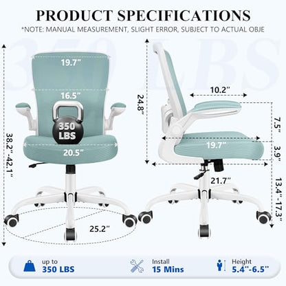 FelixKing Office Chair, Ergonomic Desk Chair Breathable Mesh Chairs Adjustable High Back Lumbar Support Flip-up Armrests, Executive Rolling Swivel Comfy Computer Chairs Home Office Light Blue - color: Light Blue