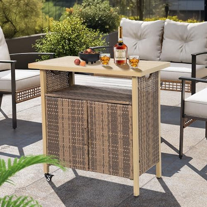 HOMEFUN Outdoor Bar Table with Storage Cabinet Patio Serving Carts on Wheels Wicker Grill Cart Prep Station Rolling Kitchen Island for Outside Backyard and Patio, Brown - color: 03-beige