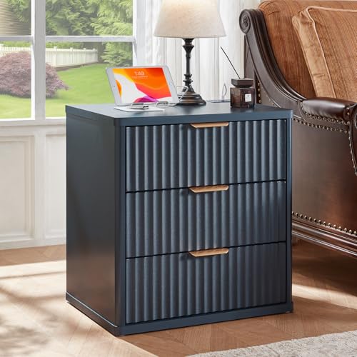 LEYAOYAO 23" Wide Fluted Night Stand with Charging Station, 3 Drawers Large End Table with Storage,Nightstand Wood Bedside Tables, Farmhouse Cabinet Dresser for Bedroom,Closet, Navy Blue - color: Navy Blue, size: 3 Drawers