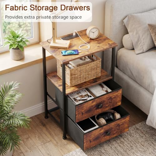 LOAKEKEL Night Stand, Nightstands Set of 2 with Charging Station | Bedside Table with 2 Fabric Drawers for Bedroom, End Tables with Storage Shelf for Small Spaces, Rustic Brown - color: Rustic Brown, style: Power