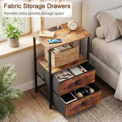 LOAKEKEL Night Stand, Nightstands Set of 2 with Charging Station | Bedside Table with 2 Fabric Drawers for Bedroom, End Tables with Storage Shelf for Small Spaces, Rustic Brown - color: Rustic Brown, style: Power