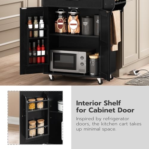 HOOBRO Kitchen Island with Power Outlet, Rolling Kitchen Island with Large Worktop, Kitchen Island Cart with Spice Rack and Drawer, Island Table for Dining Room, Rustic Brown and Black BF88UZD01 - color: Rustic Brown + Black