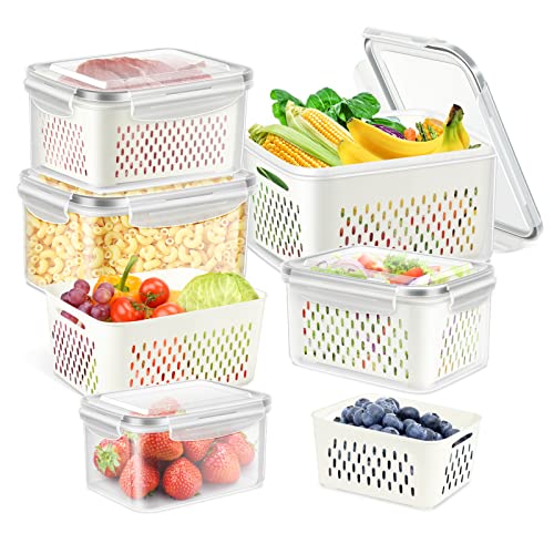 10 PS Fridge Food Plastic Storage Container with Colander | Fresh Produce Saver Keeper for Vegetable Fruit Berry Salad Lettuce Meat Fish, BPA Free Kitchen Refrigerator Organizer Bins - color: 5 Sets/10 Pcs - M