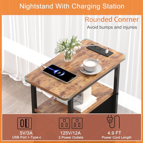 sthmec Narrow End Table with Charging Station, Narrow Side Table with 2 Fabric Drawers, LED End Table, Slim Nightstand with LED Light, Small Side Table for Small Space,Living Room,Bedroom,Rustic Brown - color: Rustic Brown, size: 7.87'' W x 15.75'' D x 24