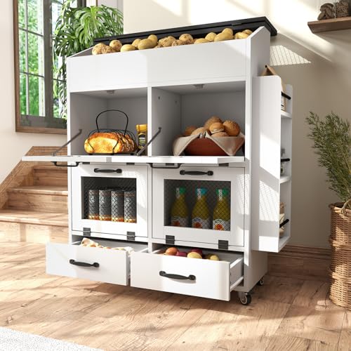 Verano Garden 31.5" Large Potato and Onion Storage Bin on Wheels, Bread Box | Fruit and Vegetable Organizer, Rolling, Side Rack, Flip-top, Mesh Doors, 4-Tier, Grocery Section, Ventilated, Wood, Kitchen - color: White, size: 31.5"