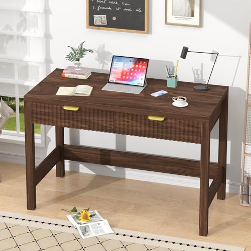 YOMILUVE Fluted Computer Desk with 2 Drawers, 39 Inch Small Computer Desk with Storage, Compact Writing Study Desk for Small Spaces, Walnut - color: Walnut