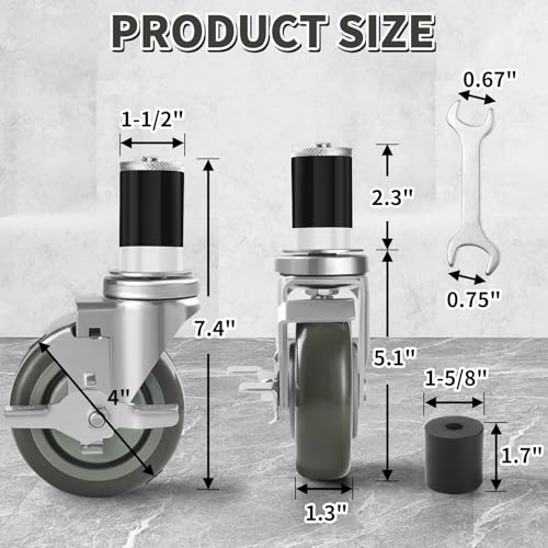 Besitu 4 inches Prep Table Wheels Set of 4, 1-1/2" and 1-5/8" Expanding Stem Caster with Side Brake for Stainless Steel Table, Cart, Furniture Legs, Commercial Kitchen Appliances, Workbench - style: 4 Inch