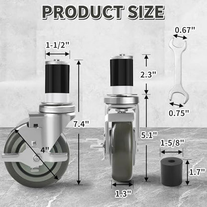 Besitu 4 inches Prep Table Wheels Set of 4, 1-1/2" and 1-5/8" Expanding Stem Caster with Side Brake for Stainless Steel Table, Cart, Furniture Legs, Commercial Kitchen Appliances, Workbench - style: 4 Inch