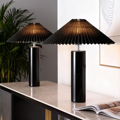 EOEYYOYB Ceramic Table Lamps for Bedroom Set of 2, Adjustable Shade Lamps for Night Stands, Modern Cylindrical Nightstand Table Lamps 5W E26 for Bedroom Bedside Buffet, Black - color: Black, size: 2 Pack