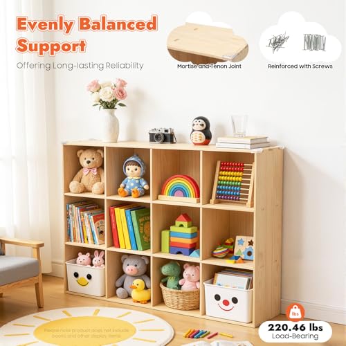 12-Cube Solid Wood Bookshelf, 3-Tier Storage Organizer Semi-Open Floor Display Shelf Closet Cabinet for Home Office Library School, 12" D x 47" W x 35" H - size: 12-Cube, 12"D x 47"W x 35"H