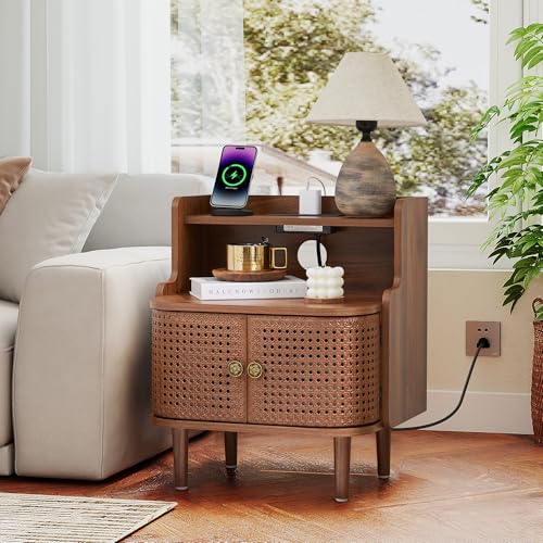 Storage End Table with 2 Door, Bed Side Table with Charging Station, Metal Rattan Nightstand for Bedroom, Desk Side Table for Living Room Couch Sofa, Office, Small Spaces - Walnut - size: Door Walnut-1pcs