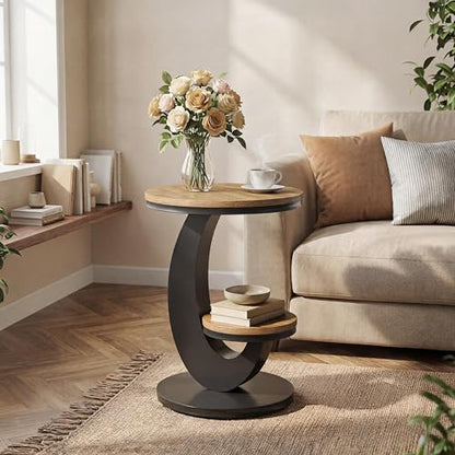 Tribesigns Round End Table with 2-Tier Shelf Storage,C Shaped Wood Side Table for Couch with Metal Frame,Modern Nightstand Accent Table for Living Room,Bedroom,Small Space (Light Brown) - color: Light Brown