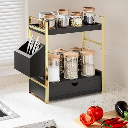 2-Tier Bathroom Counter Organizer, Wooden Vanity Shelf with Drawer & Basket | Pre-Drilled Holes, Skincare & Makeup Countertop Organizer and storage, Black-gold - color: Black-gold