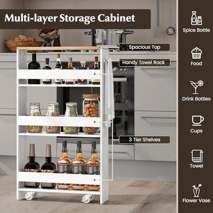 LOKO Slim Storage Cart, 4-Tier Rolling Cart with Handle & Wooden Top for Kitchen Bathroom Laundry Living Room Narrow Small Spaces, 5 Inches Width (White & Natural) - color: White & Natural