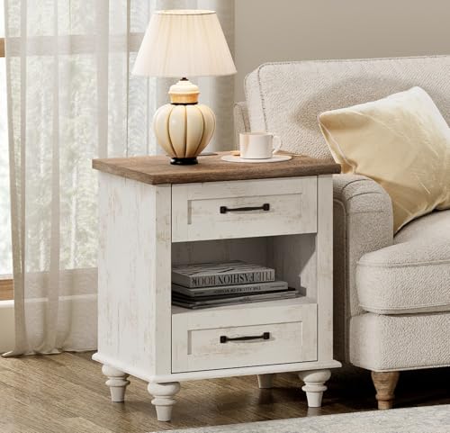 WAMPAT Side Table Nightstand with Charging Station & 2 Drawers, Farmhouse End Table for Living Room, Retro Night Stand Light Wood Bedside Table for Bedroom, Antique White - color: Antique White