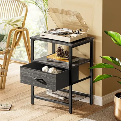 Huuger Nightstand Set of 2, Night Stand with Fabric Drawer, Mesh Shelf, Side Table with Storage, Fabric Drawer Dresser, Open Shelf, Metal Frame, Bedroom, Charcoal Black Wood Grain Print - color: Charcoal Black Wood Grain Print