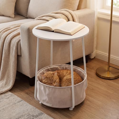 Modern Round Side End Table with Fabric Storage Basket, Matte White and Camel Brown, Contemporary Nightstand (White) - color: White