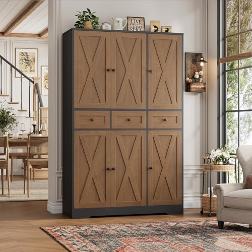 HOSTACK 67"H Farmhouse Kitchen Pantry Storage Cabinet with 3 Drawers, Brown | Large Food Pantry Cabinet with Swing-Out Door Rack & Adjustable Shelf for Kitchen, Dining room, Living room - color: Brown/Black