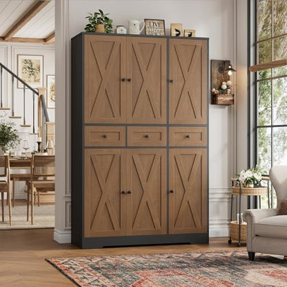 HOSTACK 67"H Farmhouse Kitchen Pantry Storage Cabinet with 3 Drawers, Brown | Large Food Pantry Cabinet with Swing-Out Door Rack & Adjustable Shelf for Kitchen, Dining room, Living room - color: Brown/Black