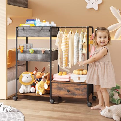 BBLIKE 3in1 Diaper Caddy Organizer - Diaper Caddy & Rolling Diaper Cart with Kids Clothing Rack for Nursery and Baby Essentials, Multi-Function Utility Cart for Bedroom and Bathroom, Black&Brown