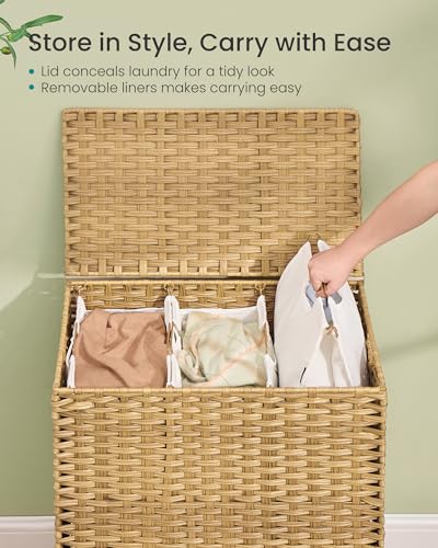 SONGMICS 3-Section Laundry Hamper with Lid, 42.2 Gal (160L) PE Rattan Laundry Basket with Removable Washable Liners, for Bedroom & Living Room, Goose Yellow ULCB223YE01 - color: Goose Yellow, size: 160 L (3 Basket)