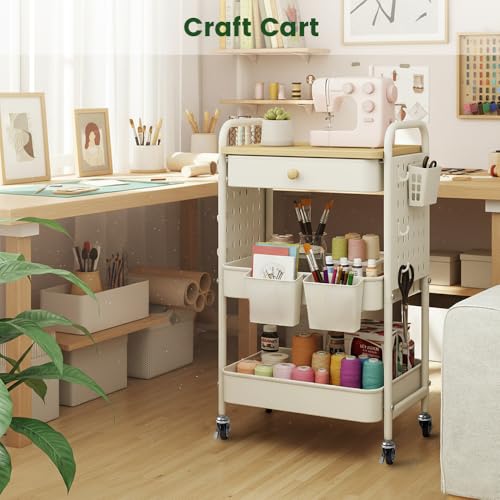 danpinera Rolling Utility Cart with Drawer, 3 Tier Rolling Cart with Wheels, Hooks & Hanging Cups, Craft Cart Art Cart Snack Cart Rolling Storage Cart with Wooden Table Top & DIY Pegboards, White
