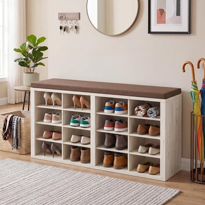 ITEFDTUTNE Shoe Rack Bench 40.94" Entryway Bench with Shoe Storage 16 Cubby Wood Shoe Organizer Bench with Removable Cushion for Hallway, Living Room, Bedroom and Garage - color: White+brown