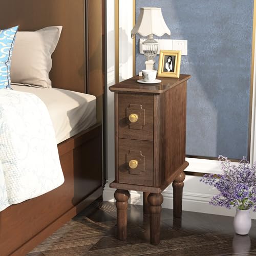 Solid Wood End Table, Walnut Narrow Side Table with Drawers, Small Nightstand Skiny Beside Table for Small Space, Living Room, Bedroom, 8" Width