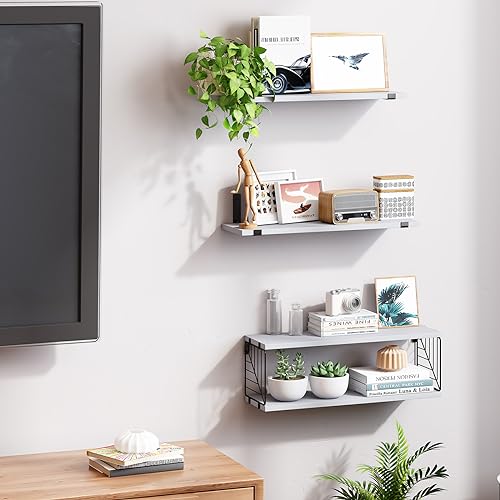 Fixwal 3+1 Tier Bathroom Floating Shelves Over Toilet, Gray | Gray Wood Shelf Set with Toilet Paper Storage Basket, Natural Finish, 40Lb Weight Limit, Quick Mount, Versatile - color: Grey