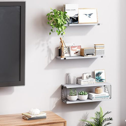 Fixwal 3+1 Tier Bathroom Floating Shelves Over Toilet, Gray | Gray Wood Shelf Set with Toilet Paper Storage Basket, Natural Finish, 40Lb Weight Limit, Quick Mount, Versatile - color: Grey