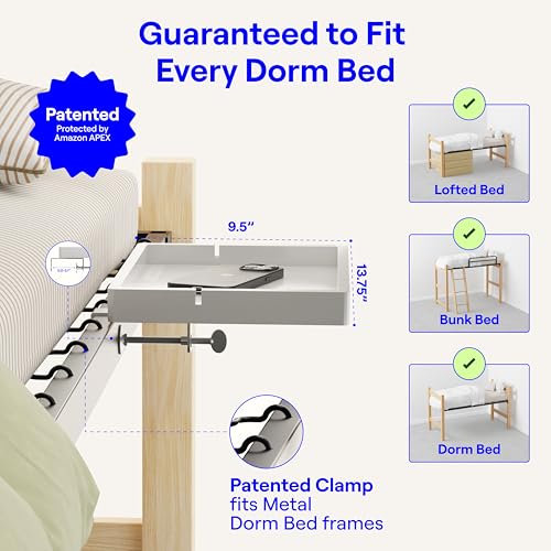 BedShelfie Wood Bedside Shelf for Dorm Room - White | Bunk Bed & Top Bunk, College Dorm Room Essentials, Loft Nightstand, Floating Bed Side Table Tray, By Smallish - color: White