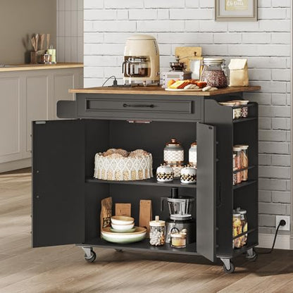 RALGEND Kitchen Island with Power Outlets & Drop Leaf, Rolling Kitchen Cart on Wheels, Kitchen Storage Island with Spice Rack and Drawer for Kitchen, Dinning Room, Black and Rustic Brown - color: Black + Rustic Brown