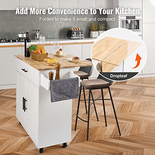 VEVOR Kitchen Island Cart with Solid Wood Top, 35.4" Width Mobile Carts with Storage Cabinet, Rolling Kitchen Table with Spice Rack, Towel Rack, Drop Leaf and Drawer, Portable Islands on Wheels, White - size: 35.4" W Drop Leaf, style: 1 Drawers & 2 Doors