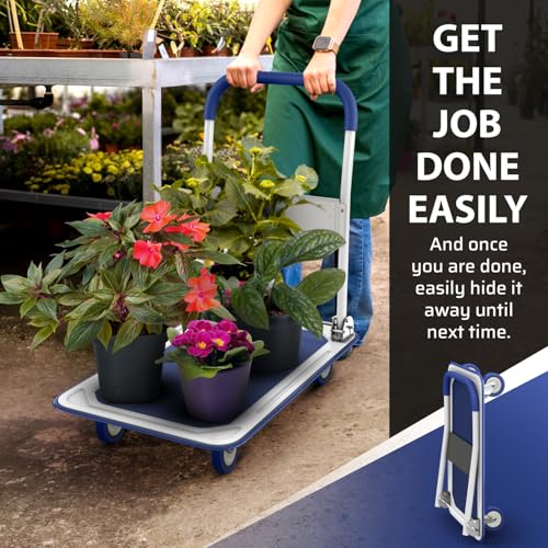 Heavy Duty Foldable Push Cart Dolly | 330 lbs. Capacity | Upgraded Collapsible Hand Truck Folding Platform with Swivel Wheels | Flat Bed Moving Wagon | Space Saving Push Handle (Blue) - color: Blue, 330 Lbs. Capacity