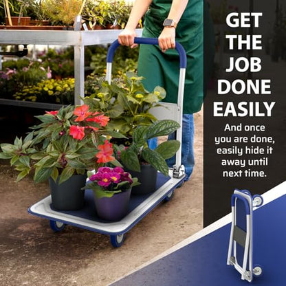 Heavy Duty Foldable Push Cart Dolly | 330 lbs. Capacity | Upgraded Collapsible Hand Truck Folding Platform with Swivel Wheels | Flat Bed Moving Wagon | Space Saving Push Handle (Blue) - color: Blue, 330 Lbs. Capacity