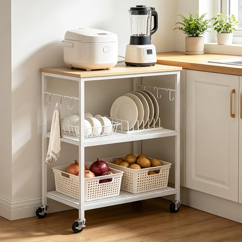Homleke 3-Tier Rolling Kitchen Microwave Cart, Kitchen Utility Cart on Lockable Wheels, Coffee Bar Table Station with 6 S-Shaped Hooks, Small Appliance Storage Shelf, White and Natural KC40D - color: White and Natural, size: 3-Tier
