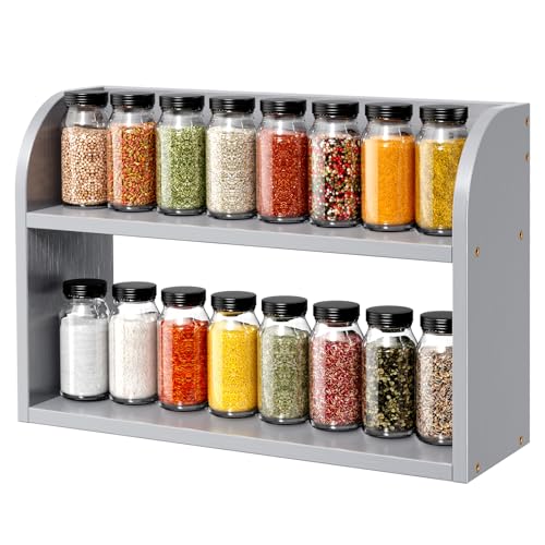 ROMGUAR CRAFT 2 Tier Bamboo Spice Rack, Countertop or Wall Mounting Wood Spice Jars Organizer Shelf for Kitche, Pantry (Grey) - color: Grey, size: 2 Tier