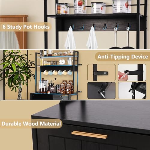 Kitchen Bakers Rack with Storage Shelf - 6-Tier Microwave Stand Oven Cabinet W/Tilting Trash Can Bin and Power Outlet, Farmhouse Thickened Coffee Bar Table Station W/6 Hooks&Adjustable feet - color: Black