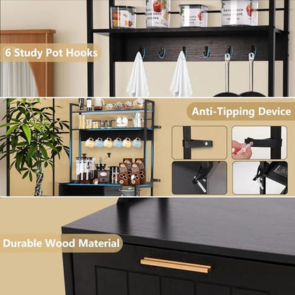 Kitchen Bakers Rack with Storage Shelf - 6-Tier Microwave Stand Oven Cabinet W/Tilting Trash Can Bin and Power Outlet, Farmhouse Thickened Coffee Bar Table Station W/6 Hooks&Adjustable feet - color: Black
