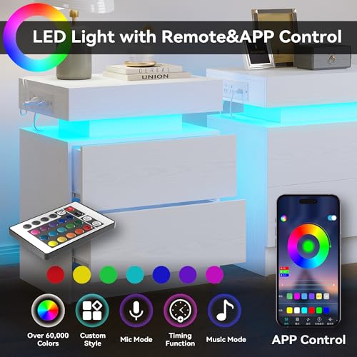 LIKIMIO Nightstand with Charging Station LED Light and 2 Drawers White | bedside table; end table; charging station; LED light; 2 drawers; White wood grain; small spaces - color: White