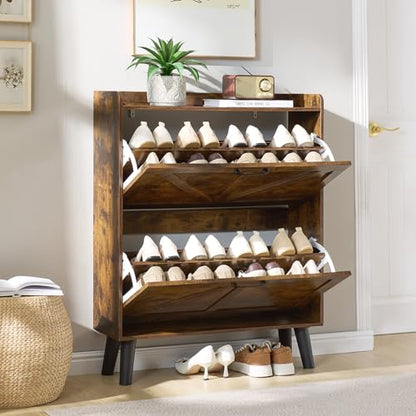 LEYAOYAO Shoe Cabinet Storage for Entryway with 2 Flip Drawers Rack Narrow Organizer Slim Hidden Wood Shoe Cabinet Furniture Brown - color: Brown