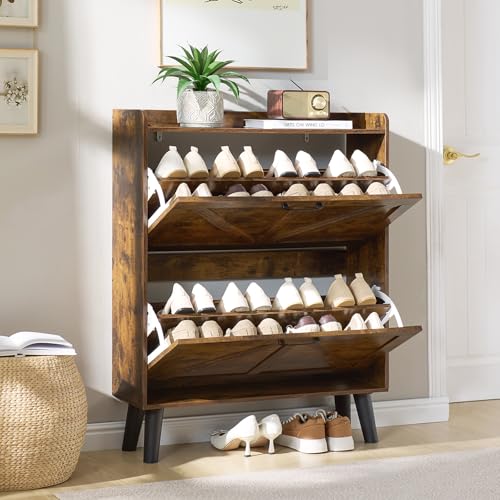 LEYAOYAO Shoe Cabinet Storage for Entryway with 2 Flip Drawers | Rack Narrow Organizer Slim Hidden Wood Shoe Cabinet Furniture - color: Brown