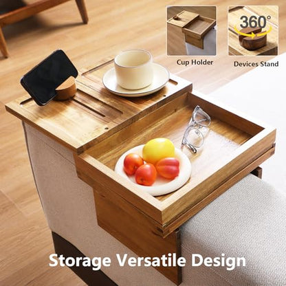 Acacia Wood Couch Arm Tray, 13.4 x 10.3 x 9.5 inches | Sofa Armrest Table, 2 Rotating Trays, 1 Storage Box, 360° Rotating Phone Holder, 4-in-1 TV Tray Table