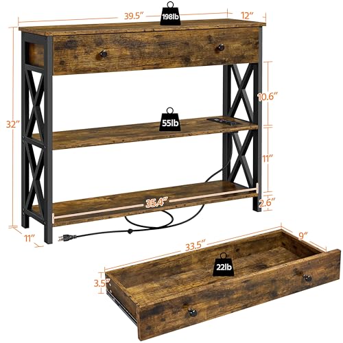 Topeakmart Console Table with Charging Station, 40" Narrow Entryway Table with 2 Power Outlets and 2 USB Ports, Sofa Hallway Table with Drawer, Behind Couch, for Living Room Rustic Brown - color: Rustic Brown, style: with Power Outlet