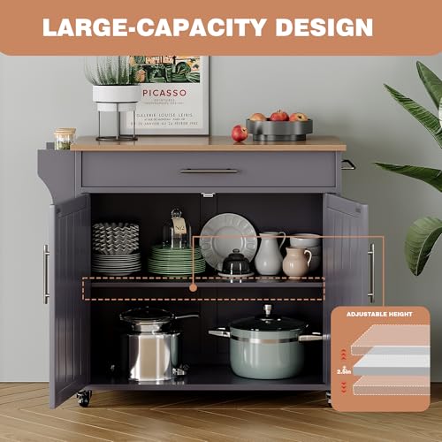 Kitchen Island with Storage, Wooden Countertop Rolling Kitchen Island On Wheels Storage Cabinet, Mobile Kitchen Island Cart with Towel Rack, Spice Rack and Drawers, Grey - color: Grey